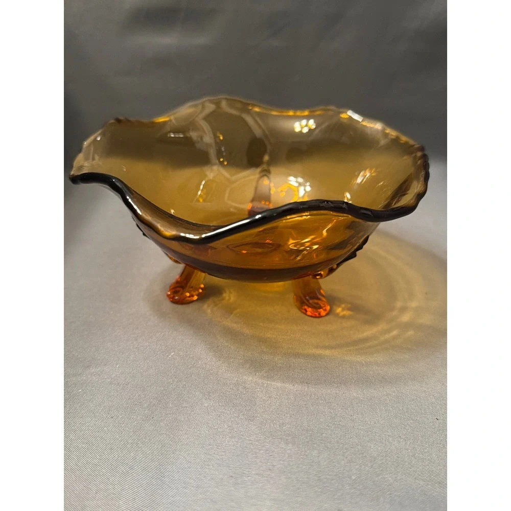 Vintage Amber Glass Three Footed Bowl Ruffled Crimped Edge Candy Dish Decor